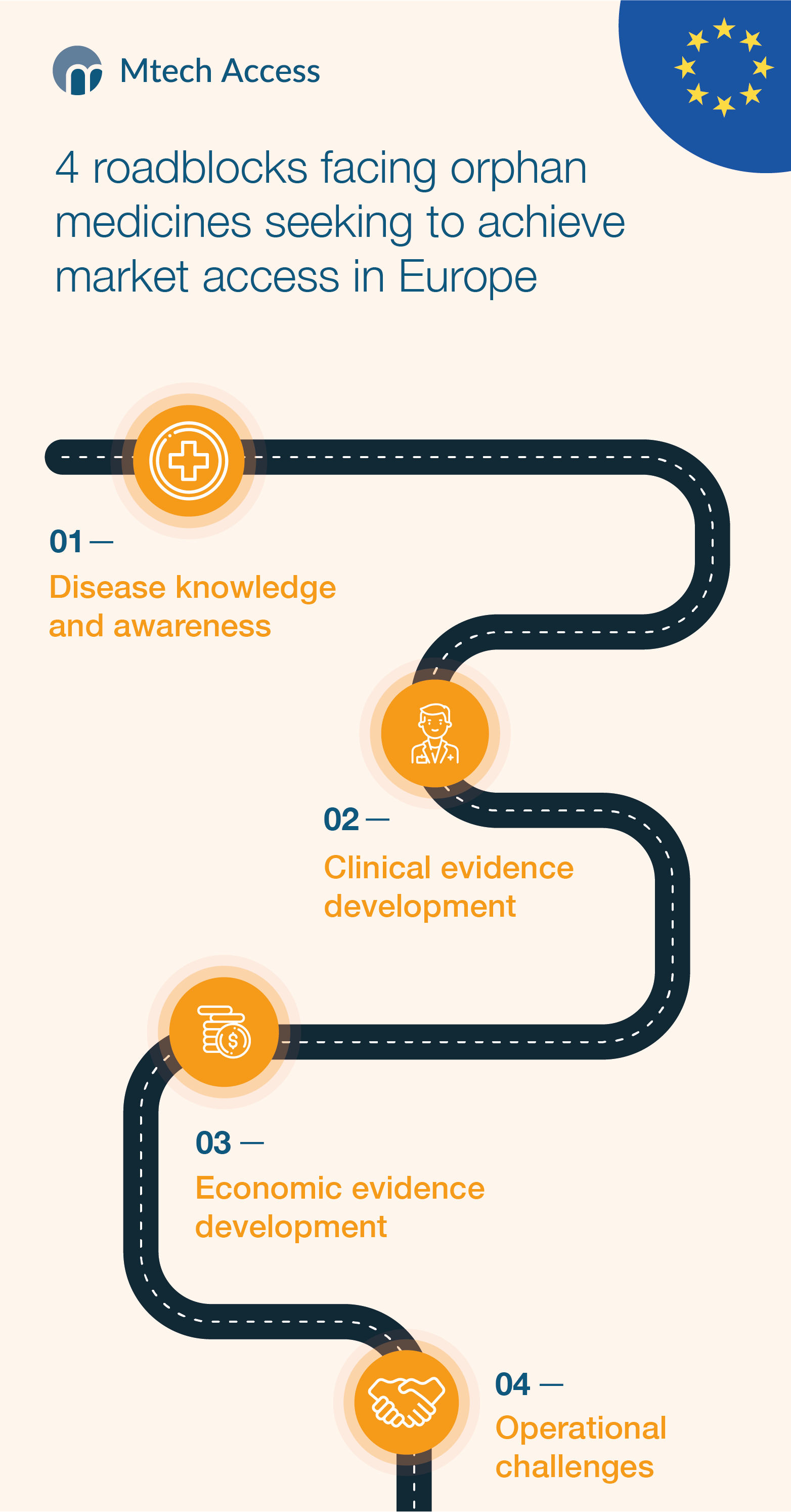 4 roadblocks facing orphan medicines seeking to achieve market access in Europe: 1) disease knowledge and awareness, 2) Clinical evidence development, 3) Economic evidence development, 4) Operational challenges