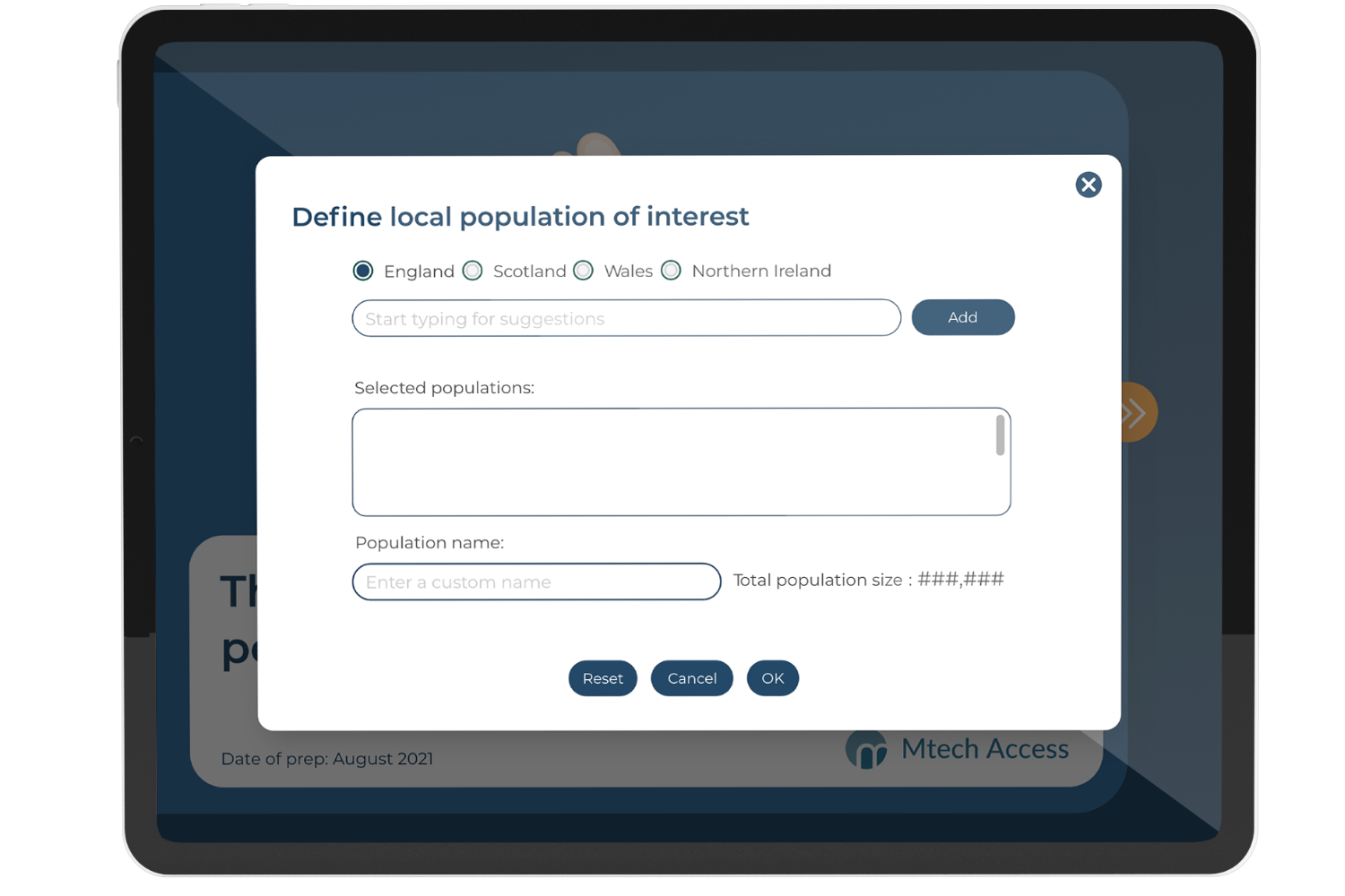 Define population screen on budget impact model tool in ipad